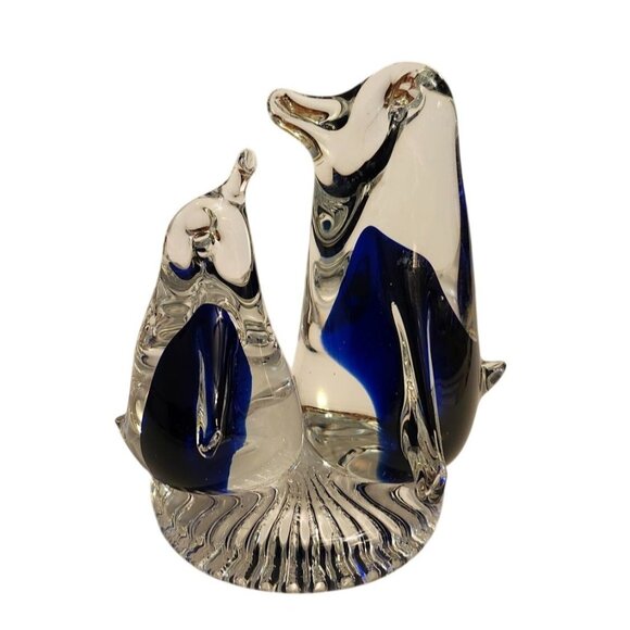 Handcrafted Murano Style Cobalt Mama and Baby Penguins - Picture 1 of 9